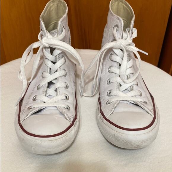 Converse Shoes - Converse Chuck Taylor’s White Leather High-Top Sneakers Red Trim Women 7 Men 5
